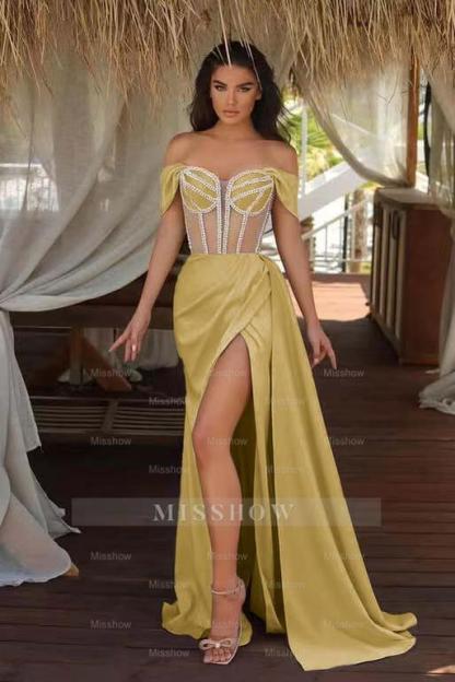 Champagne Ruffles Mermaid Formal Dress Beadings Split With Off the Shoulder