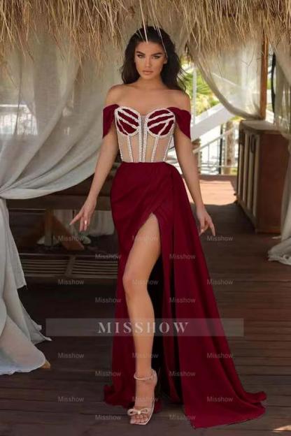 Champagne Ruffles Mermaid Formal Dress Beadings Split With Off the Shoulder