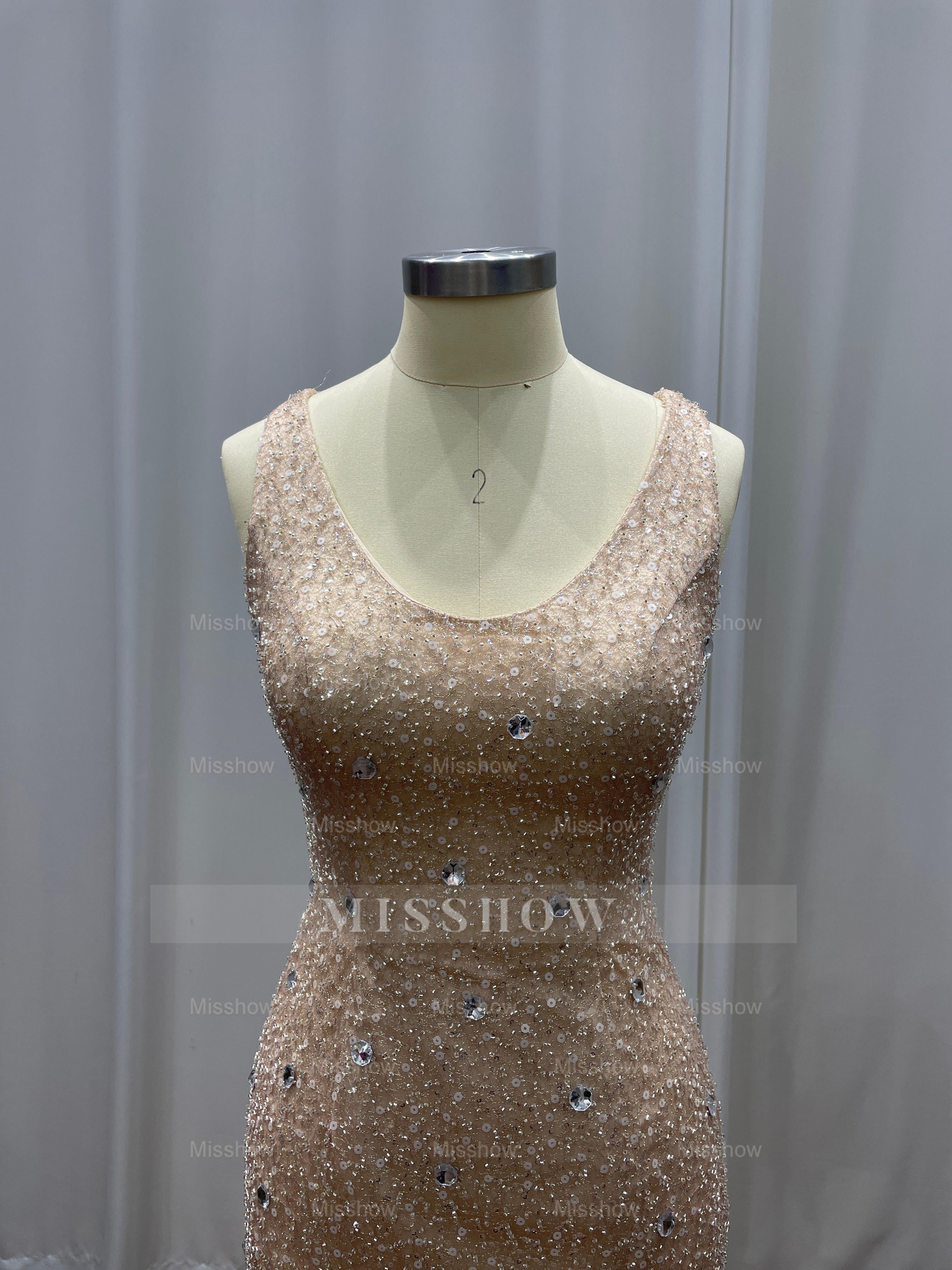 Champagne Scoop Sequined Column Long Evening Dresses with Sweep Train