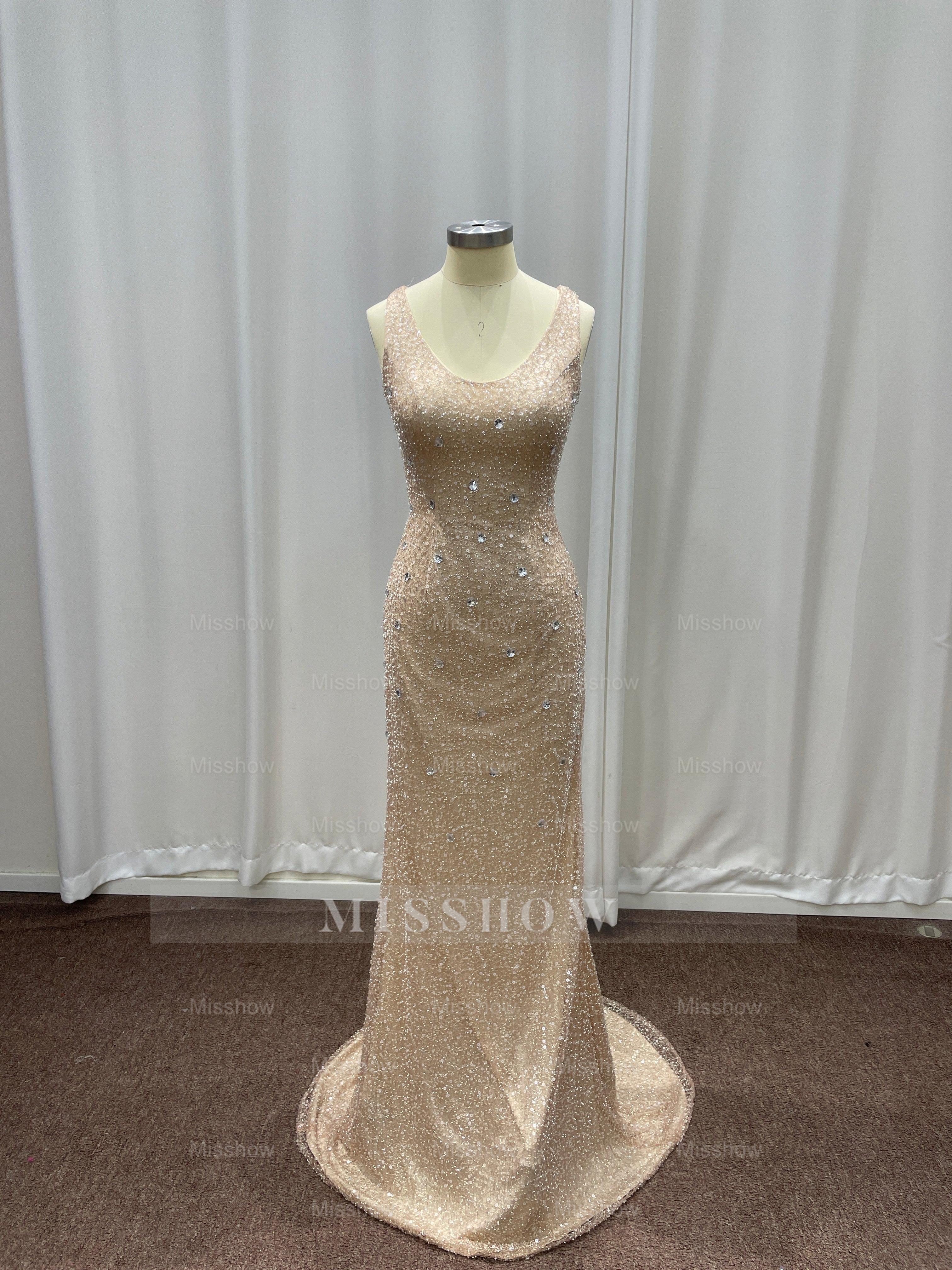 Champagne Scoop Sequined Column Long Evening Dresses with Sweep Train