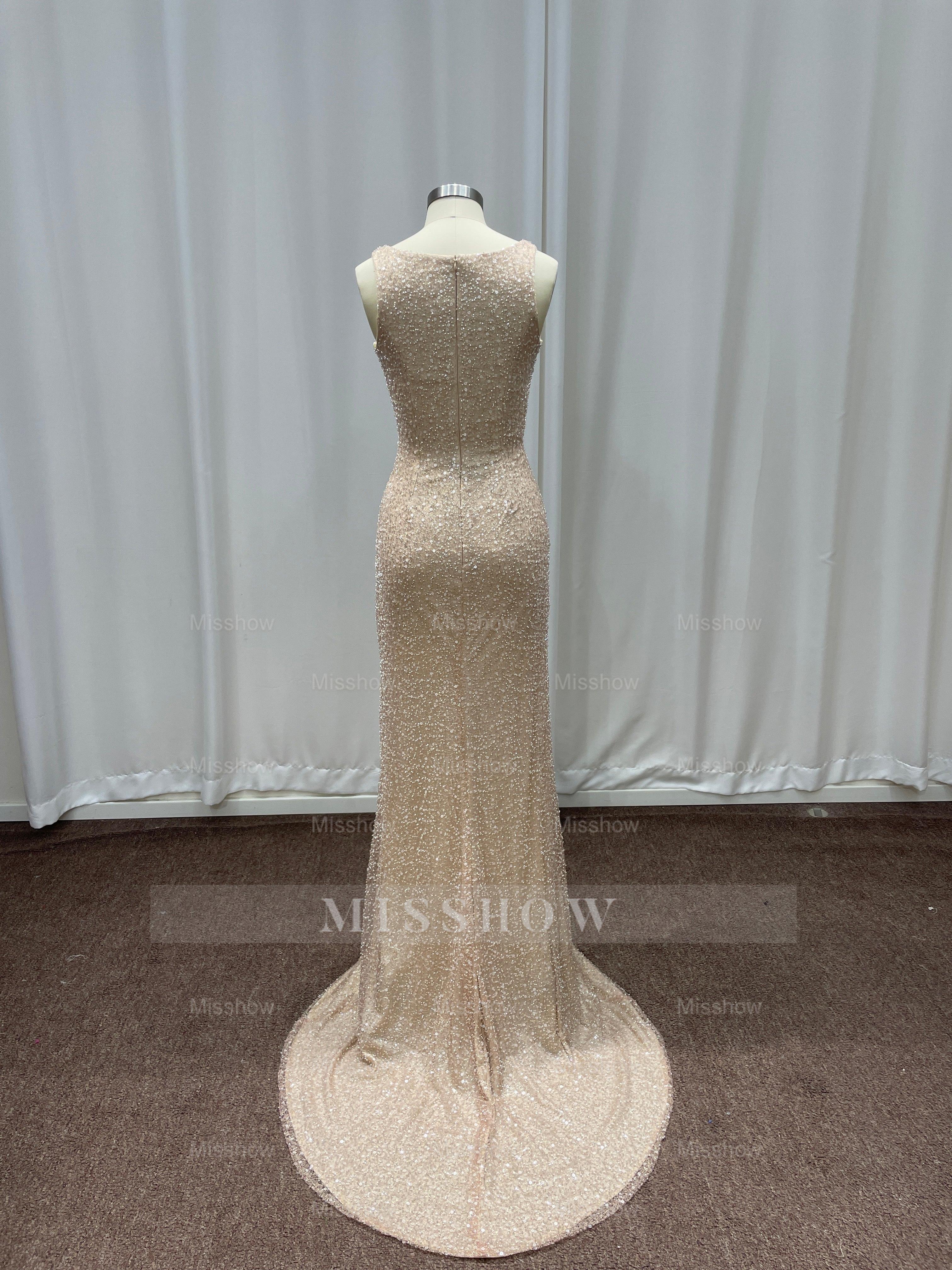 Champagne Scoop Sequined Column Long Evening Dresses with Sweep Train