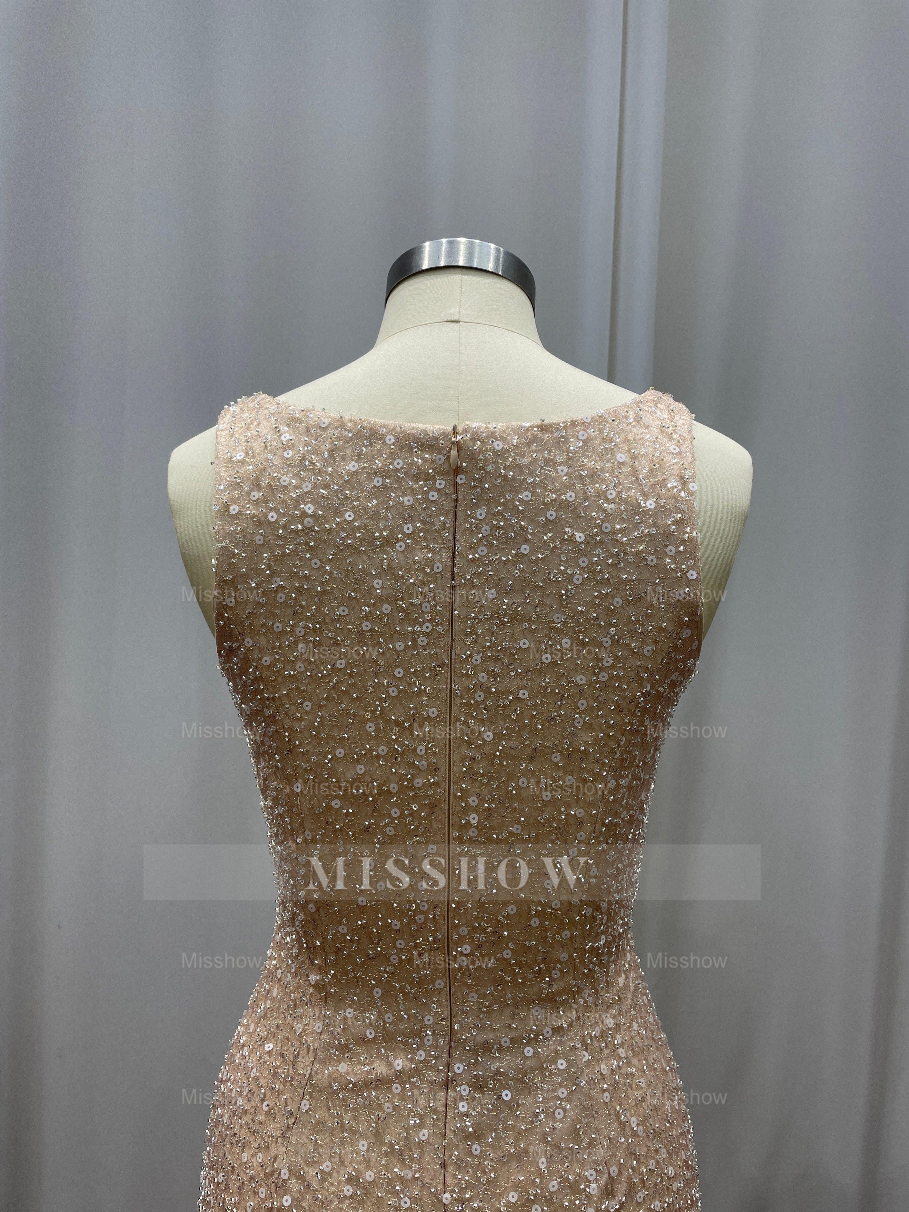 Champagne Scoop Sequined Column Long Evening Dresses with Sweep Train