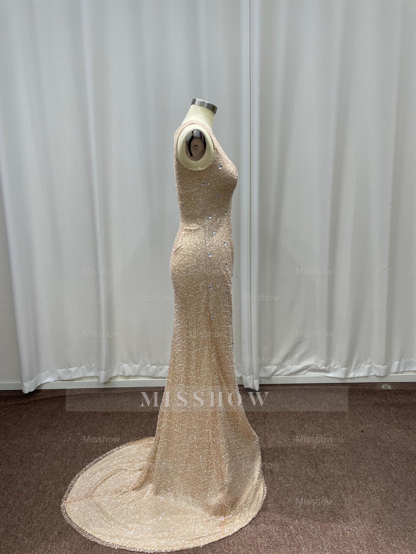Champagne Scoop Sequined Column Long Evening Dresses with Sweep Train