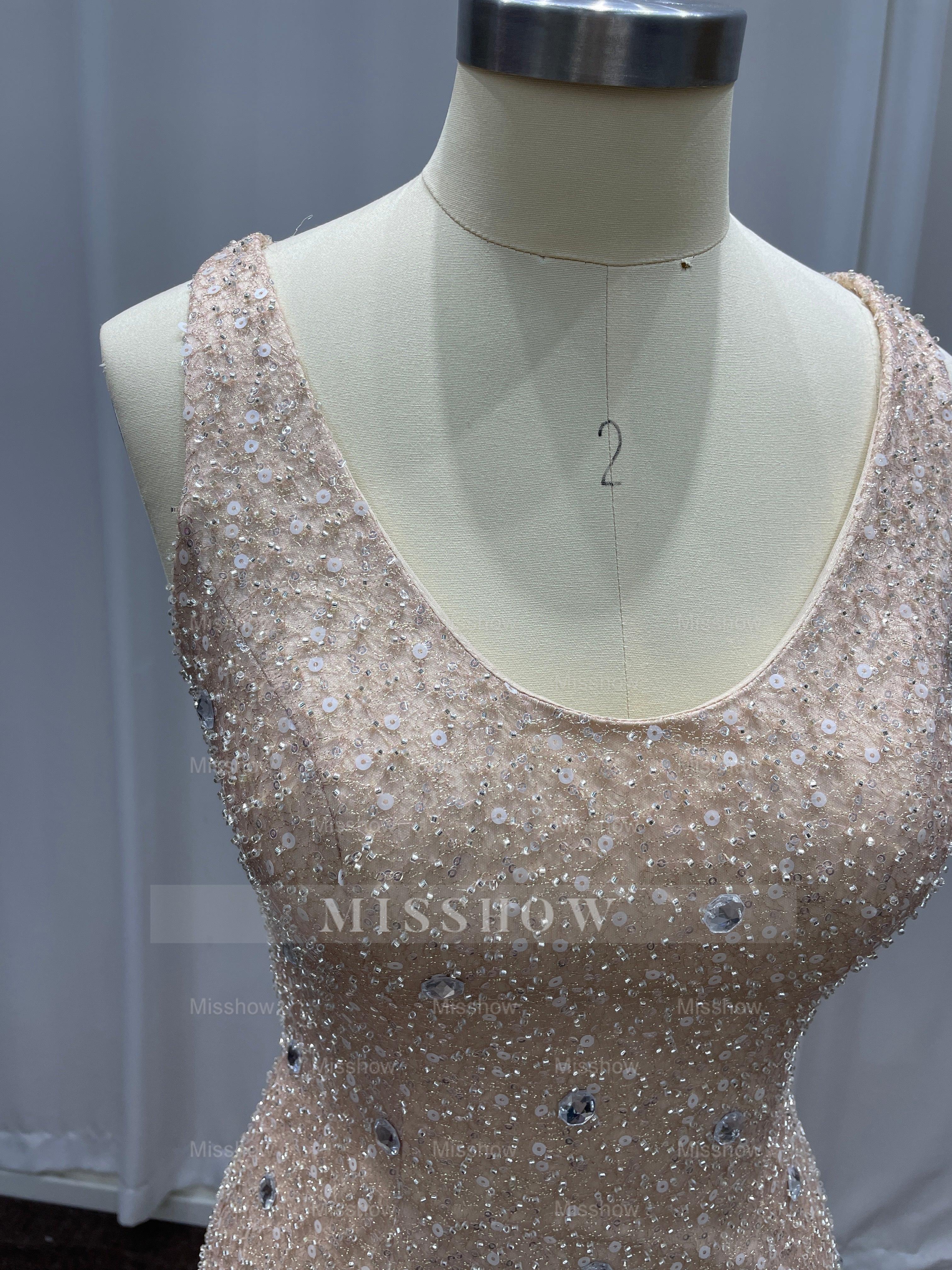 Champagne Scoop Sequined Column Long Evening Dresses with Sweep Train