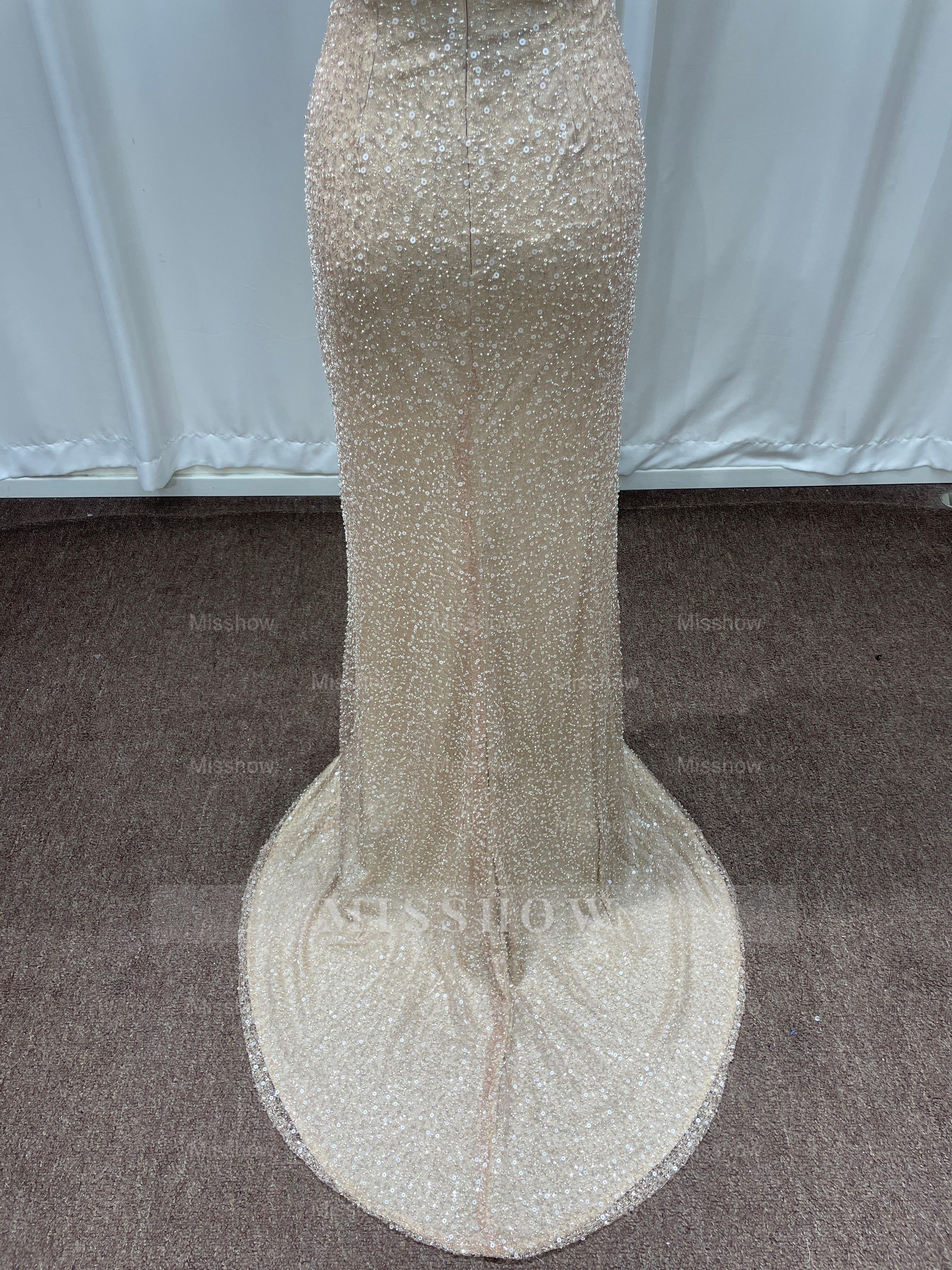 Champagne Scoop Sequined Column Long Evening Dresses with Sweep Train