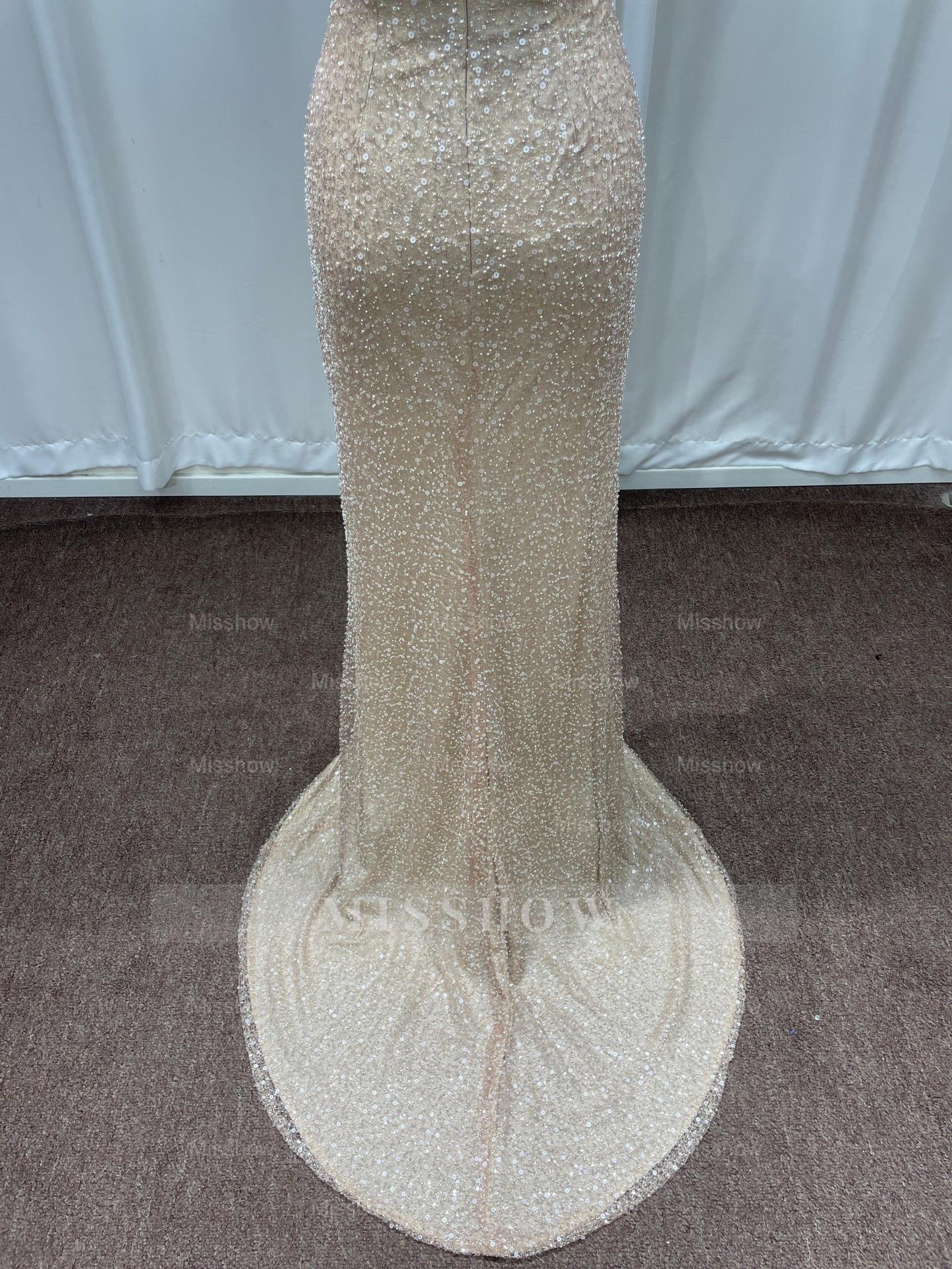Champagne Scoop Sequined Column Long Evening Dresses with Sweep Train