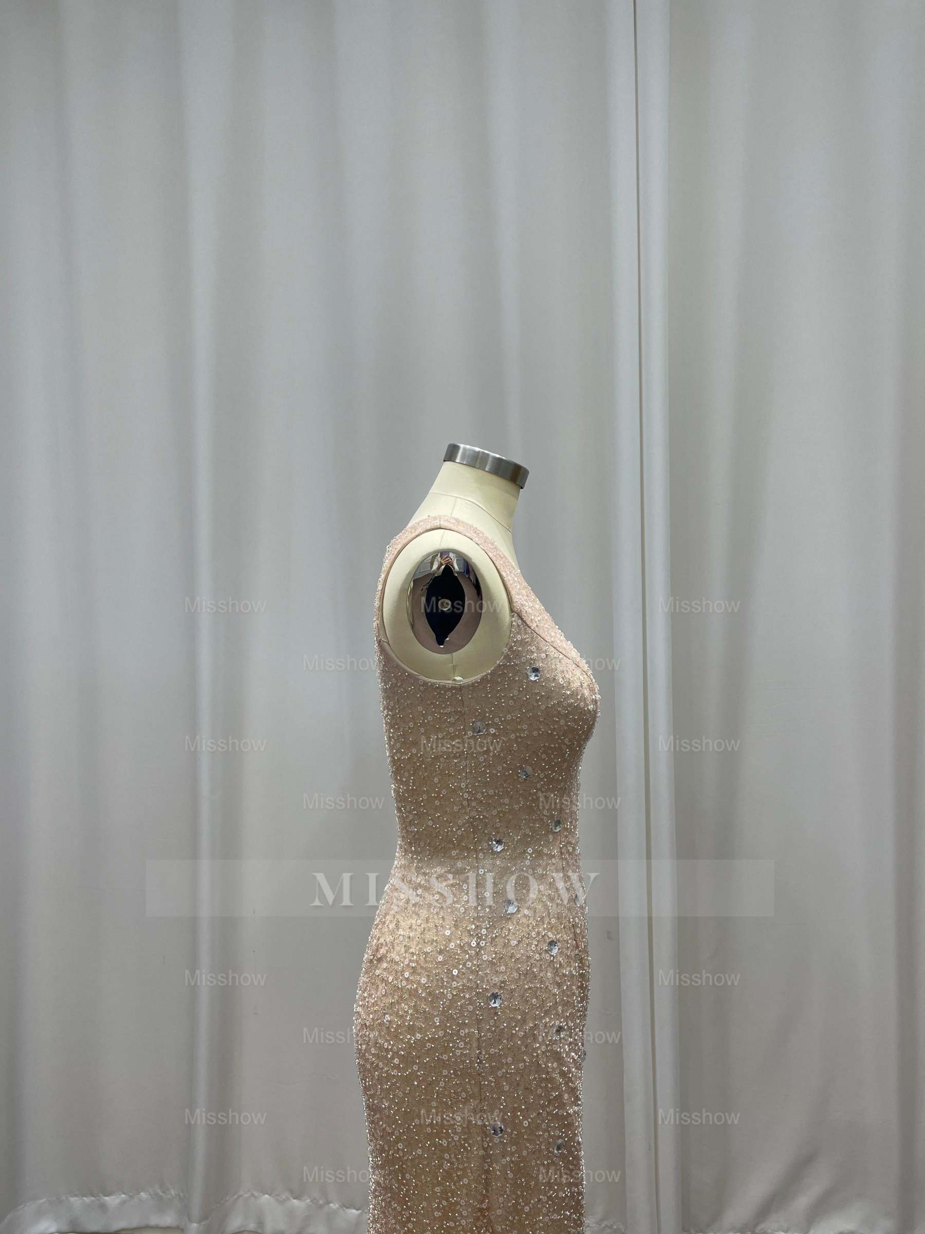 Champagne Scoop Sequined Column Long Evening Dresses with Sweep Train