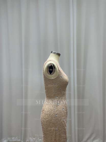 Champagne Scoop Sequined Column Long Evening Dresses with Sweep Train