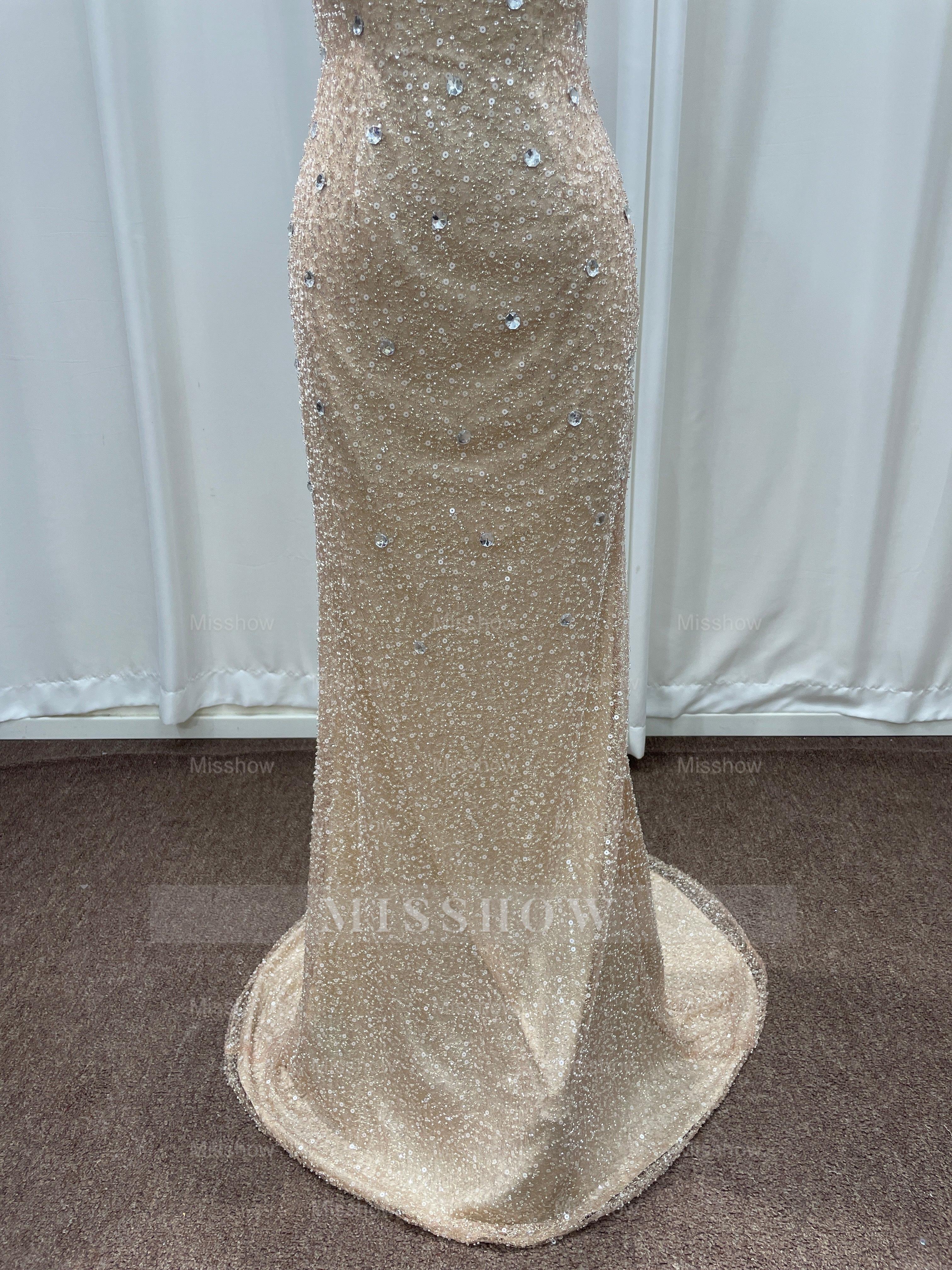 Champagne Scoop Sequined Column Long Evening Dresses with Sweep Train