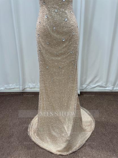 Champagne Scoop Sequined Column Long Evening Dresses with Sweep Train