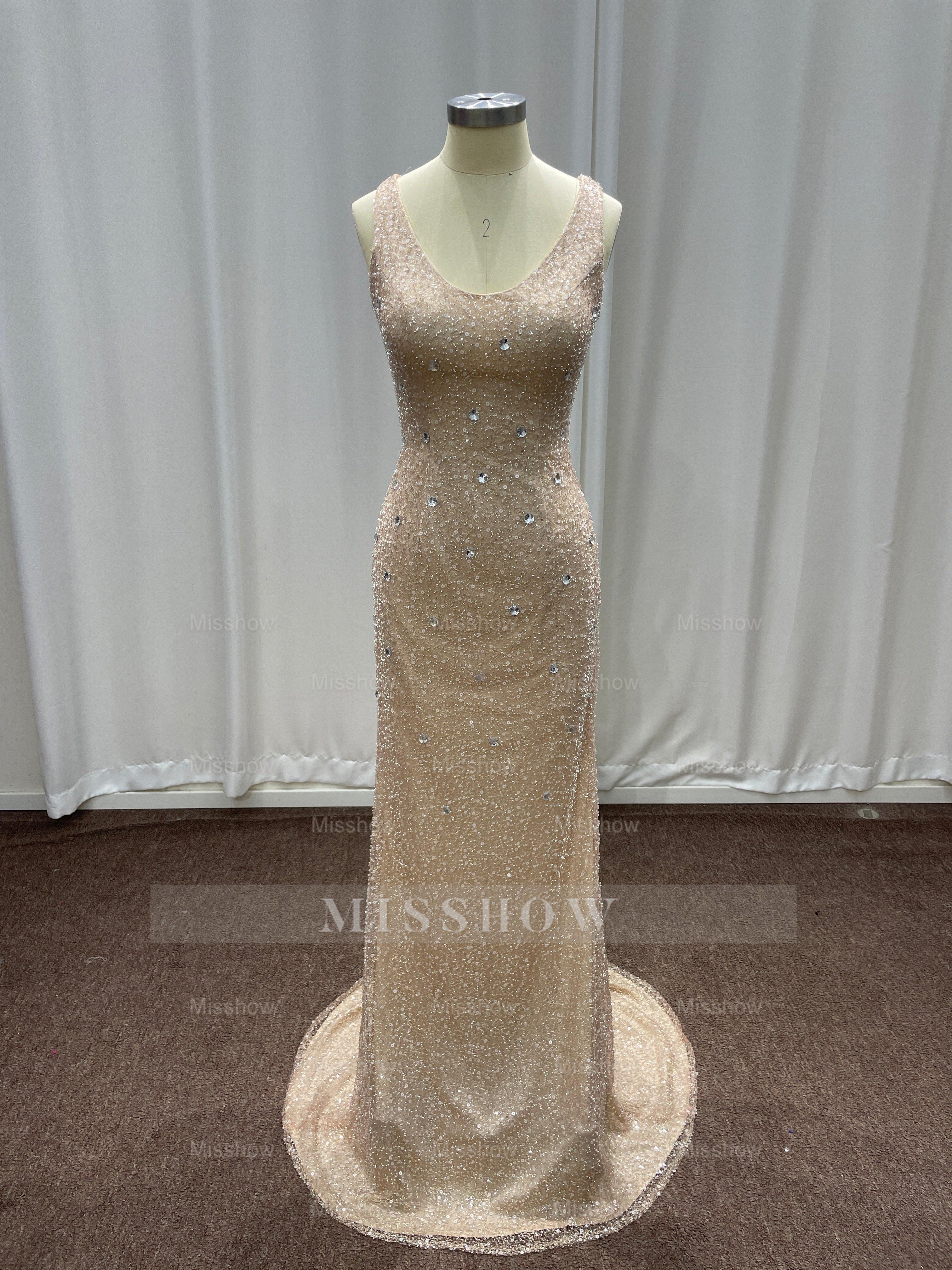 Champagne Scoop Sequined Column Long Evening Dresses with Sweep Train