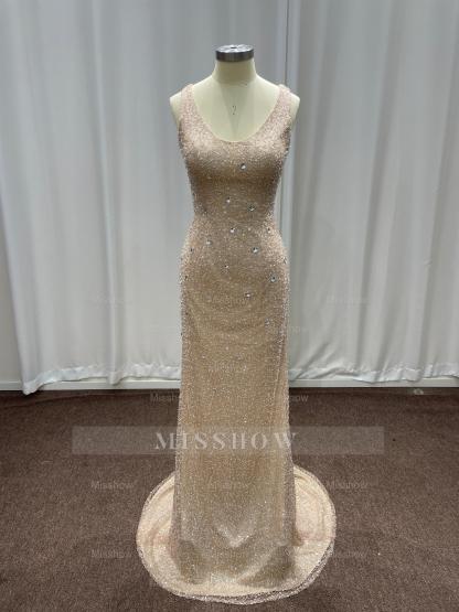 Champagne Scoop Sequined Column Long Evening Dresses with Sweep Train