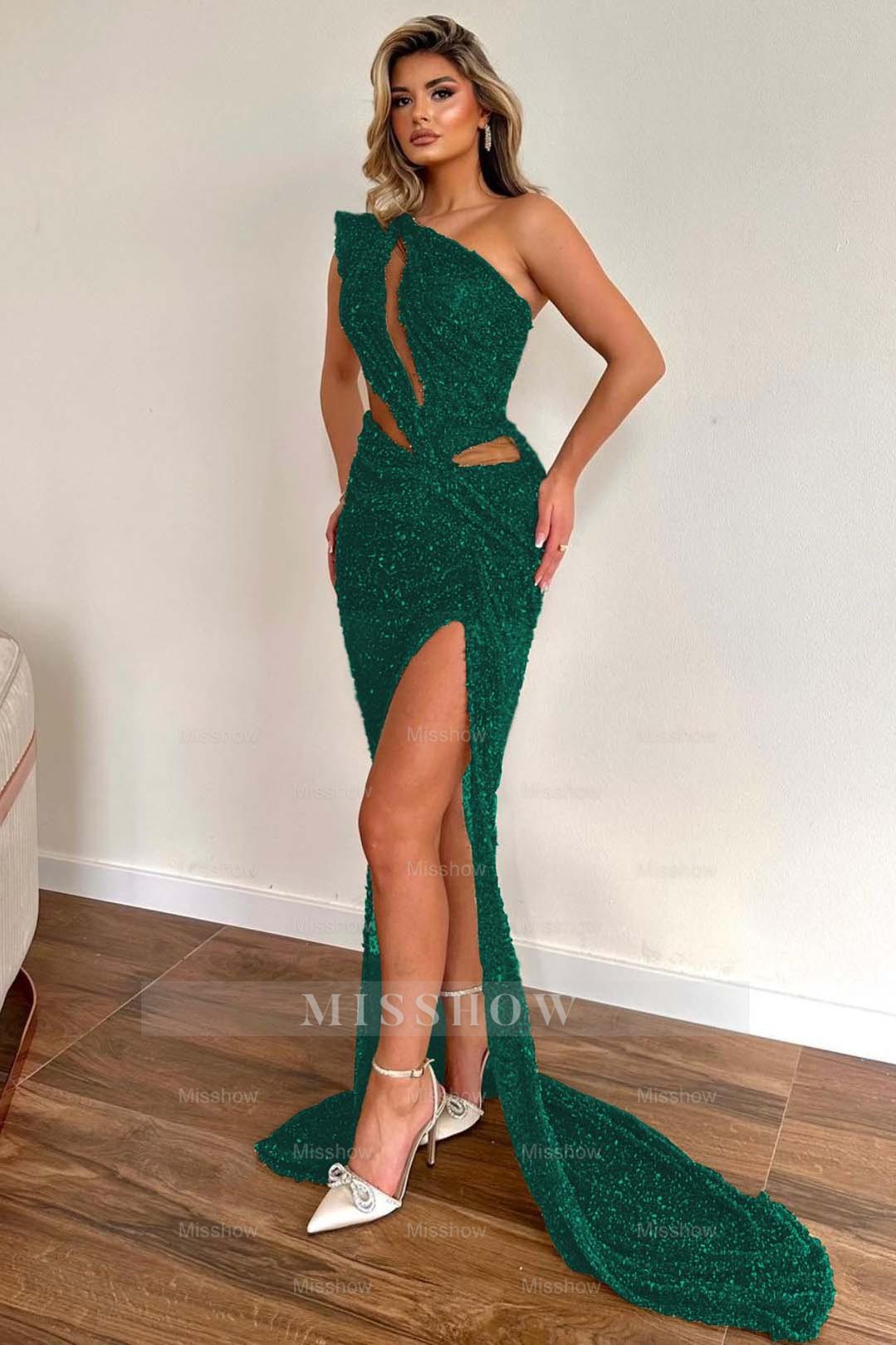 Champagne Sleeveless Formal Dress One Shoulder Sequins With High Slit