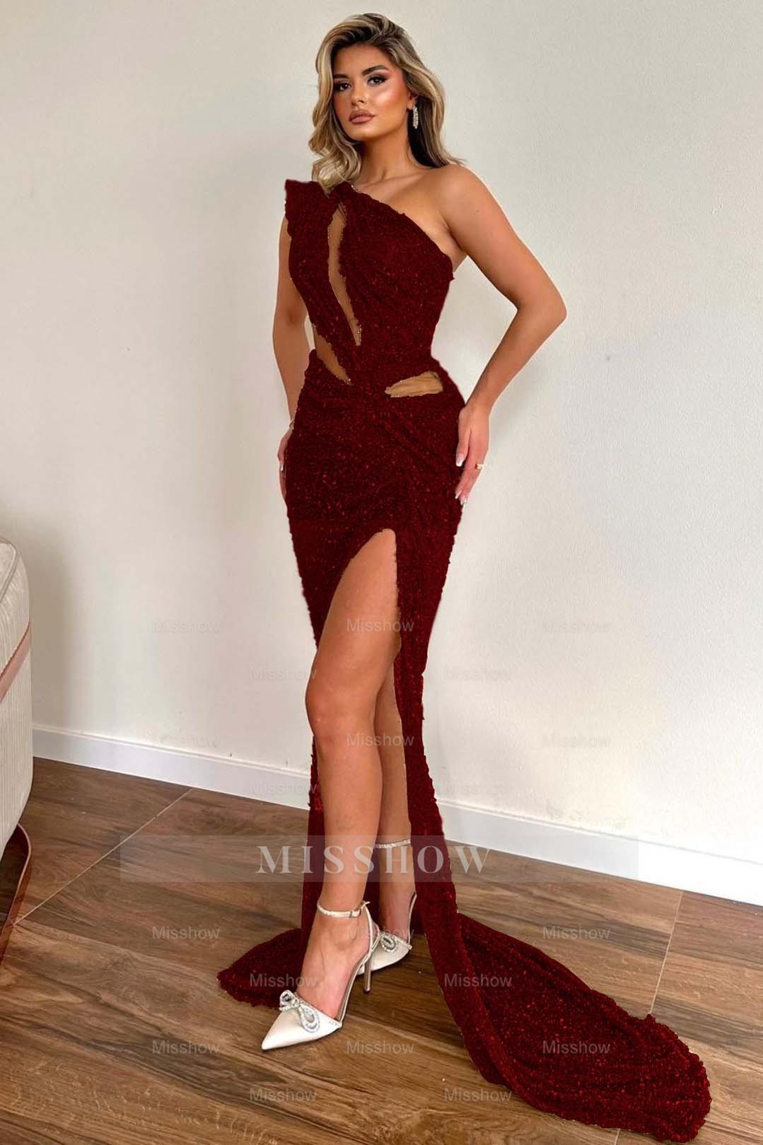 Champagne Sleeveless Formal Dress One Shoulder Sequins With High Slit