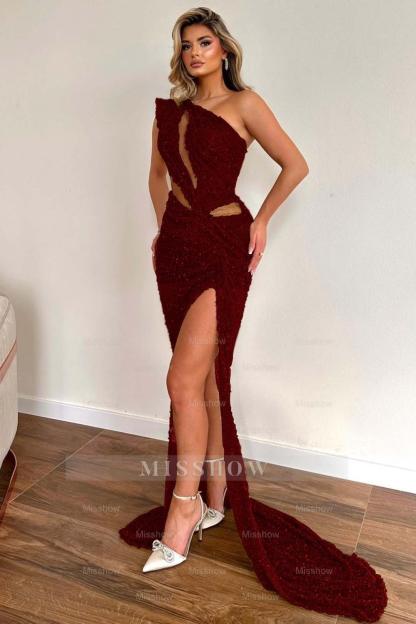 Champagne Sleeveless Formal Dress One Shoulder Sequins With High Slit