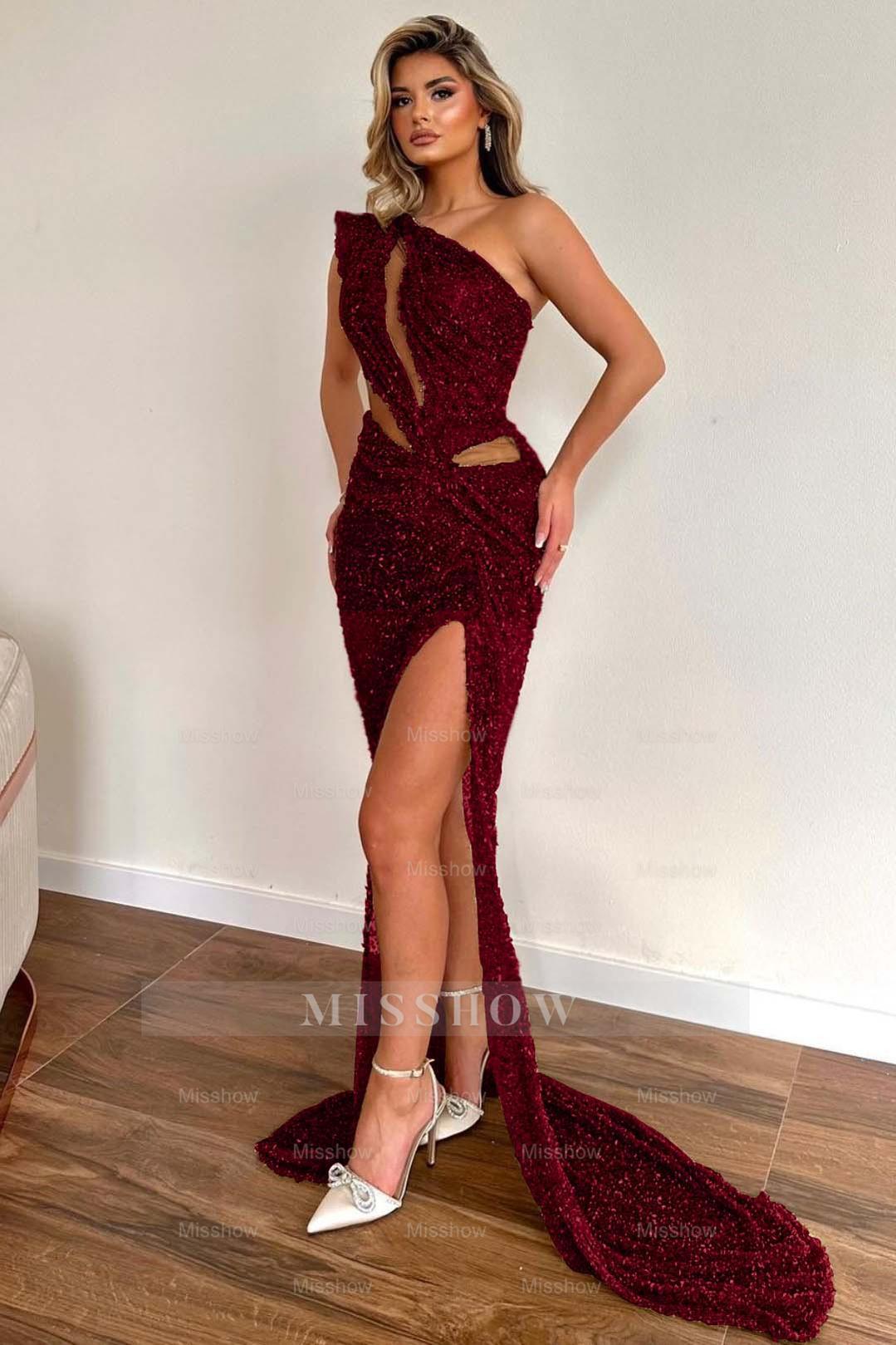 Champagne Sleeveless Formal Dress One Shoulder Sequins With High Slit