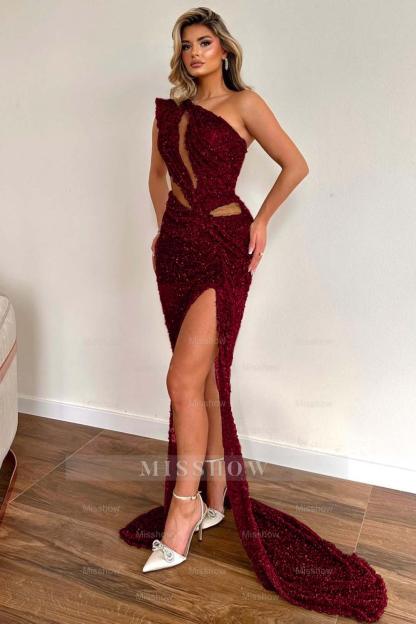 Champagne Sleeveless Formal Dress One Shoulder Sequins With High Slit