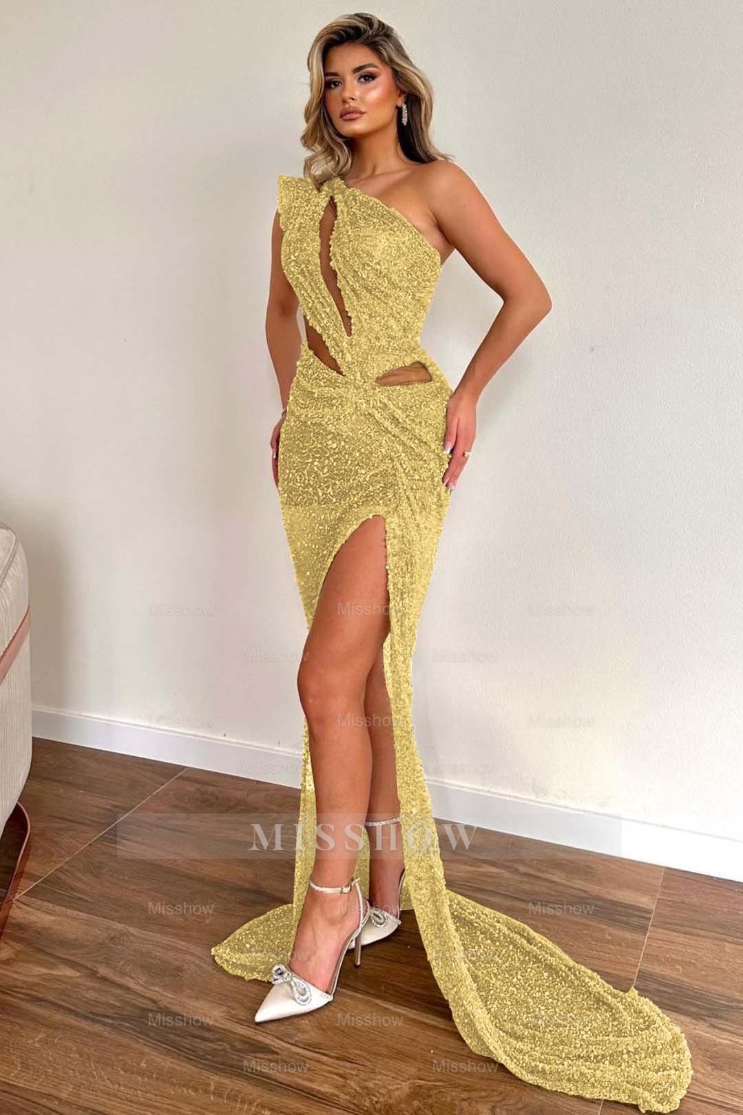 Champagne Sleeveless Formal Dress One Shoulder Sequins With High Slit