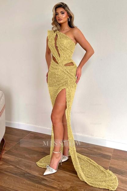Champagne Sleeveless Formal Dress One Shoulder Sequins With High Slit