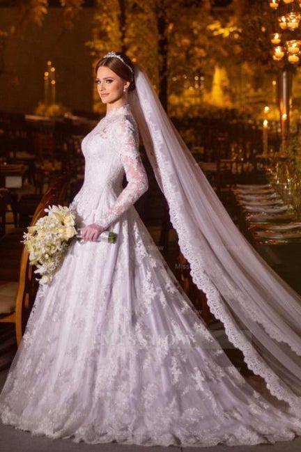 Charming A-Line Lace High Neck Long Sleeve White Wedding Dresses With Appliques