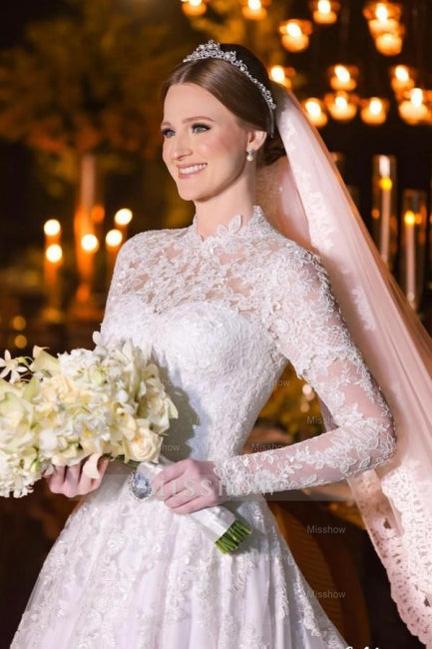 Charming A-Line Lace High Neck Long Sleeve White Wedding Dresses With Appliques