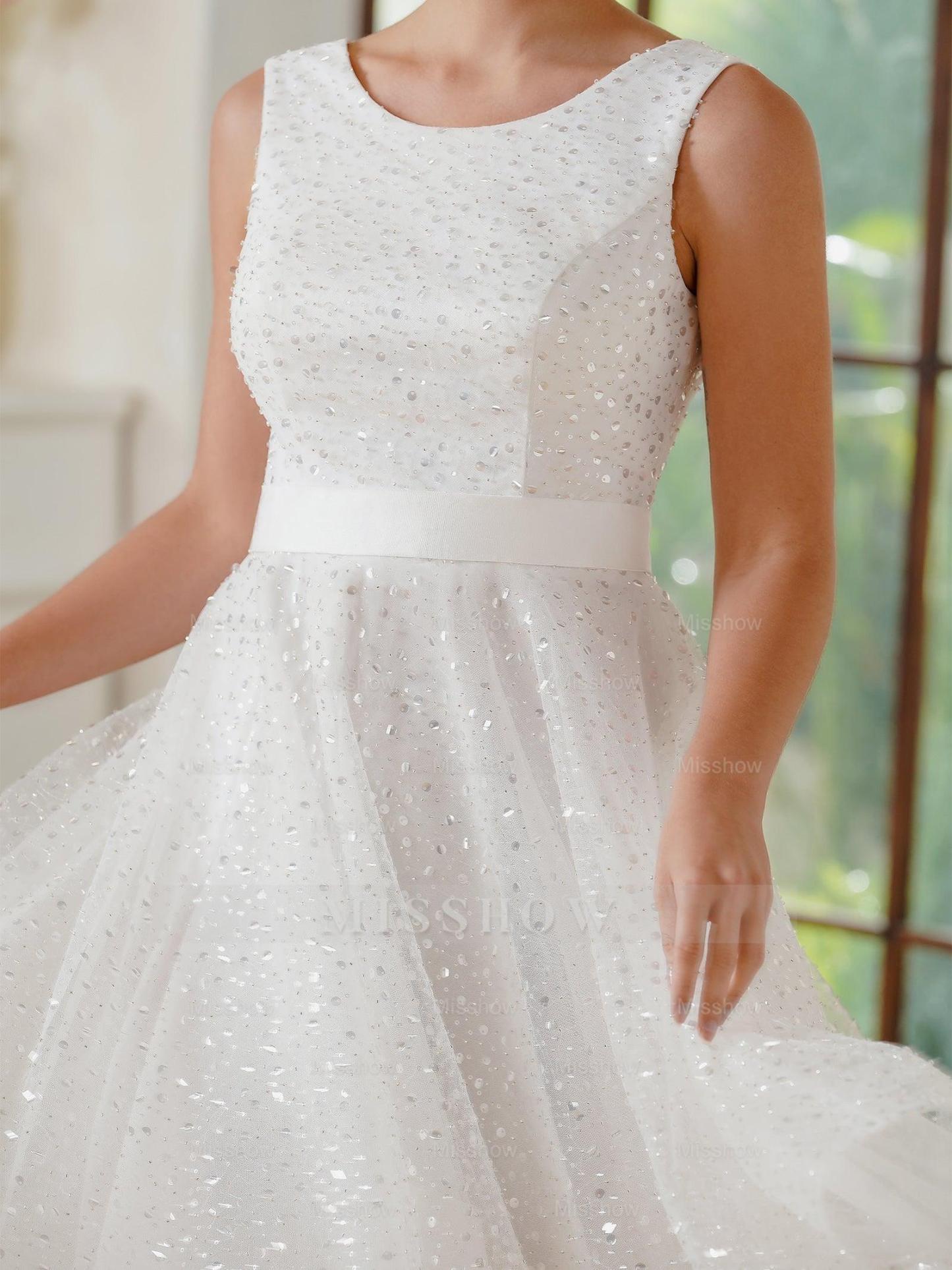 Charming A-Line Tulle Polyester Scoop Sleeveless Off White Prom Dresses With Sequined