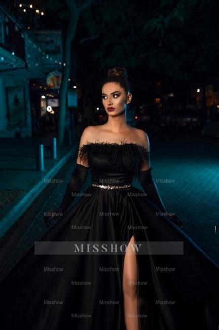 Charming Black A-Line Strapless Sleeveless Long Satin Split Front Prom Dresses With Feathers And Sash