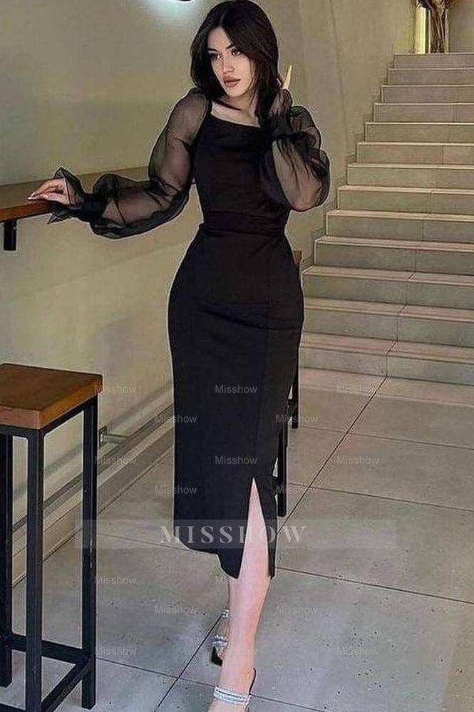 Charming Black Square Neck Long Sleeves Side Split Formal Dress With Beadings