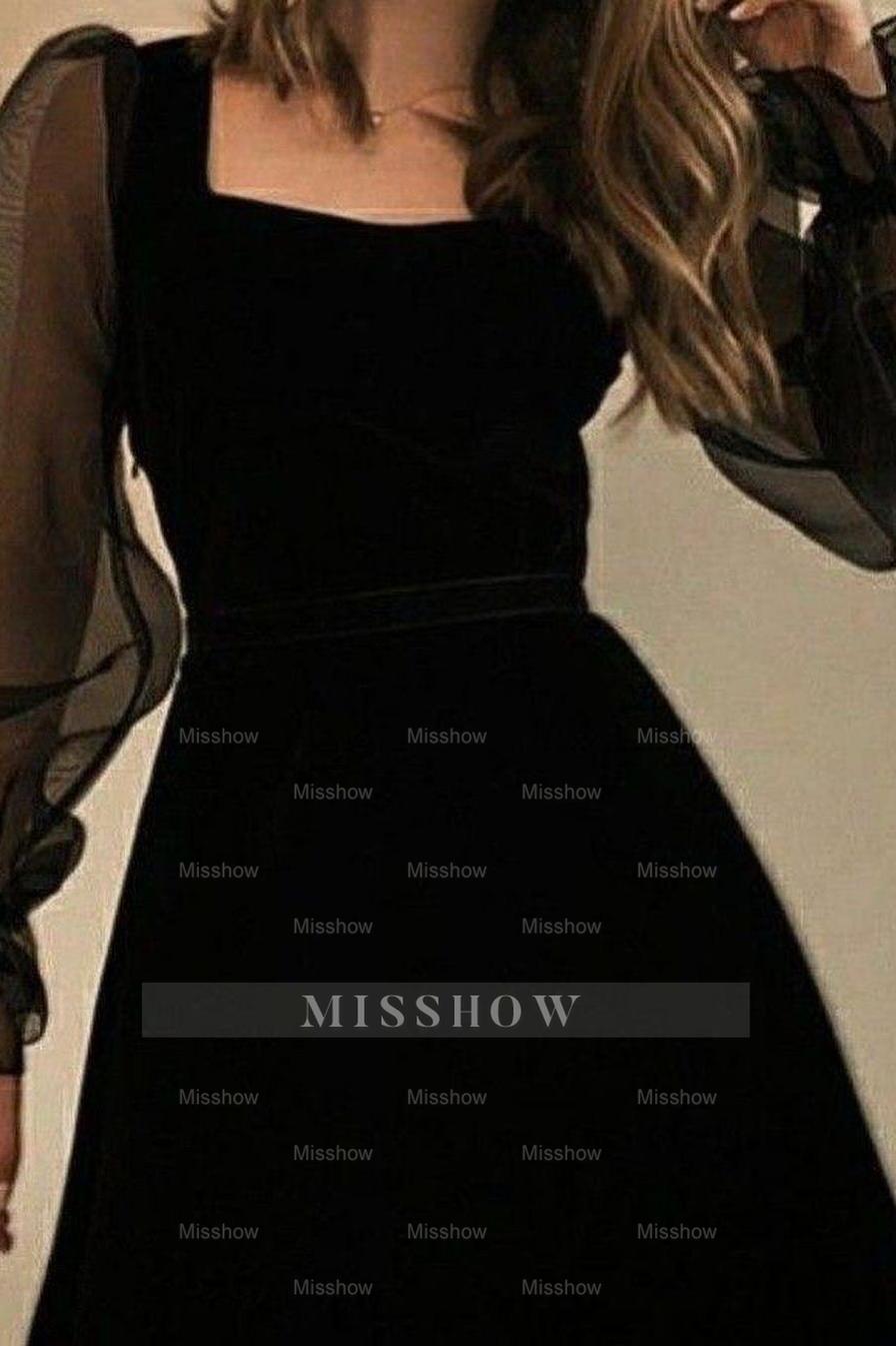 Charming Black Square Neck Long Sleeves Side Split Formal Dress With Beadings