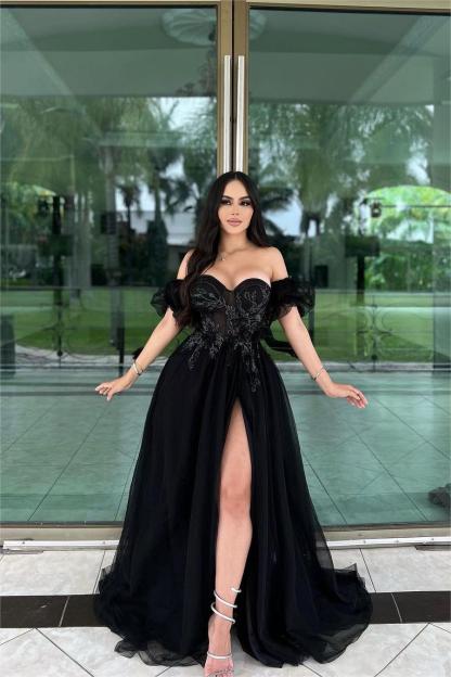 Charming Black Tulle Off the Shoulder Sleeveless Long Split Formal Dress With Embroidery