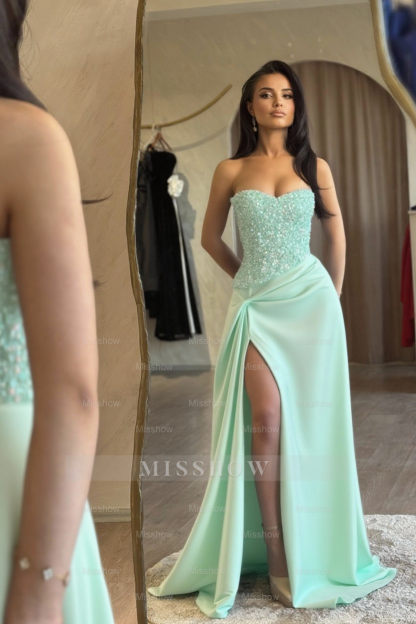 Charming Blue A-Line Sweetheart Sleeveless Sequined Beaded Ruffle Panel Train Satin Prom Dresses With Slit