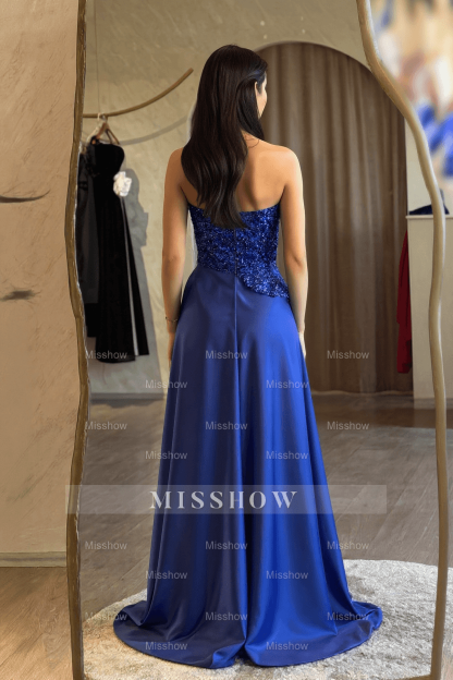 Charming Blue A-Line Sweetheart Sleeveless Sequined Beaded Ruffle Panel Train Satin Prom Dresses With Slit