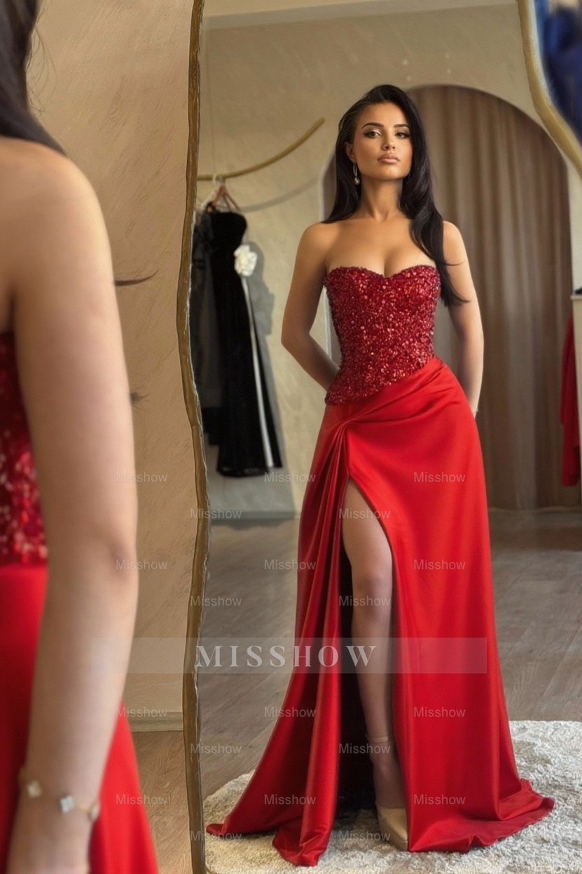 Charming Blue A-Line Sweetheart Sleeveless Sequined Beaded Ruffle Panel Train Satin Prom Dresses With Slit