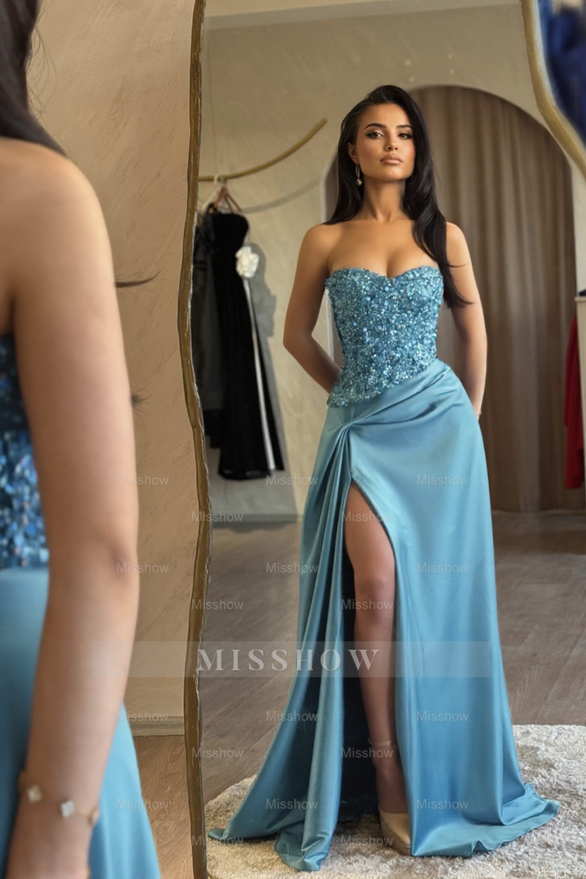 Charming Blue A-Line Sweetheart Sleeveless Sequined Beaded Ruffle Panel Train Satin Prom Dresses With Slit