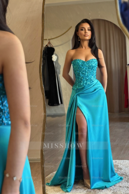 Charming Blue A-Line Sweetheart Sleeveless Sequined Beaded Ruffle Panel Train Satin Prom Dresses With Slit