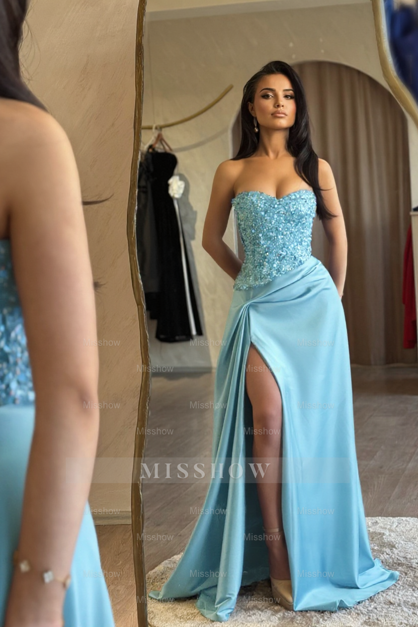 Charming Blue A-Line Sweetheart Sleeveless Sequined Beaded Ruffle Panel Train Satin Prom Dresses With Slit
