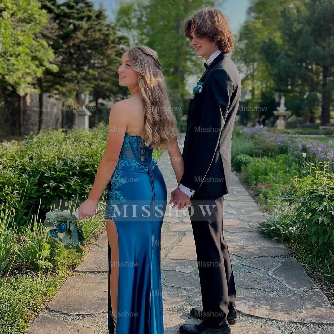 Charming Blue Column Strapless Sleeveless Sequined Lace Satin Prom Dress With Slit