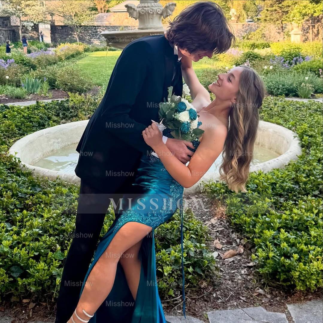 Charming Blue Column Strapless Sleeveless Sequined Lace Satin Prom Dress With Slit