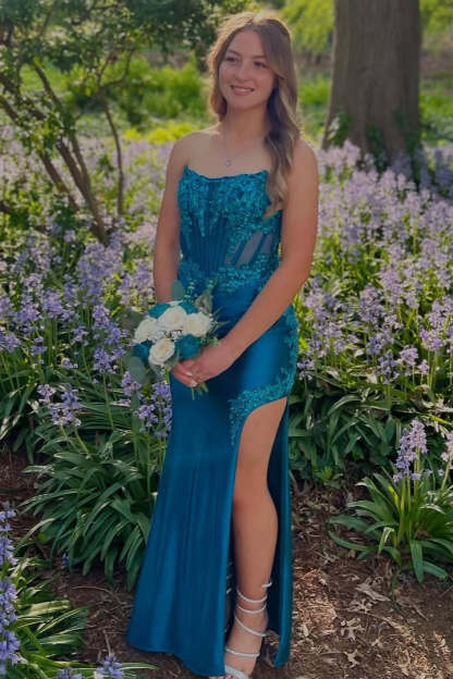 Charming Blue Column Strapless Sleeveless Sequined Lace Satin Prom Dress With Slit