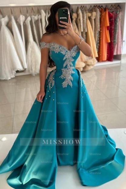 Charming Blue Column V-Neck Off-The-Shoulder Sleeveless Beaded Panel Train Long Satin Evening Dresses with Pearls And Appliques