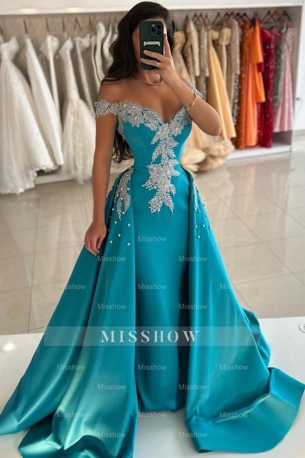 Charming Blue Column V-Neck Off-The-Shoulder Sleeveless Beaded Panel Train Long Satin Evening Dresses with Pearls And Appliques