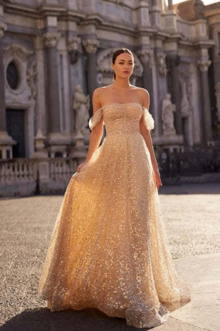 Charming Champagne A-Line Strapless Off-The-Shoulder Sleeveless Sequined Long Tulle Prom Dresses