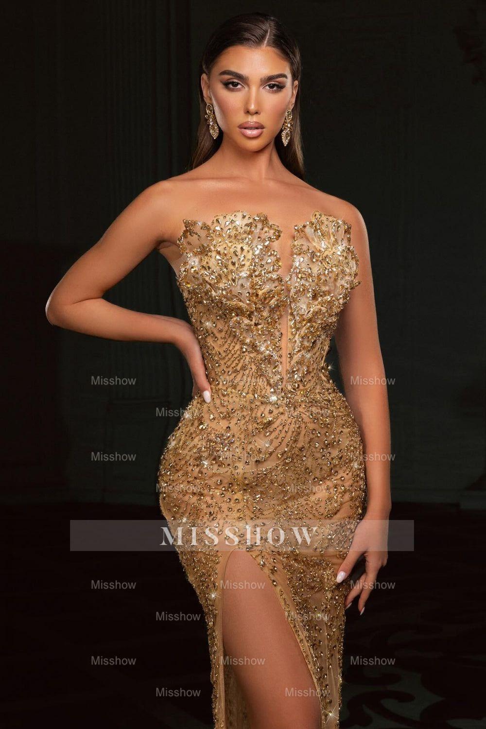 Charming Champagne Column Strapless Sleeveless Beaded Split Front Long Tulle Prom Dresses With Rhinestone