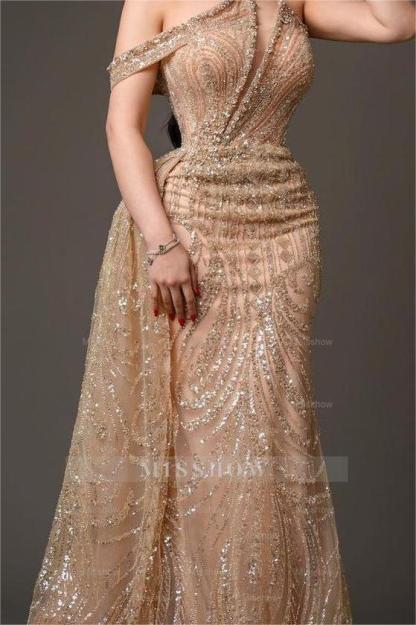 Charming Champagne Gold One Shoulder Sleeveless Formal Dress With Bead Embroidery
