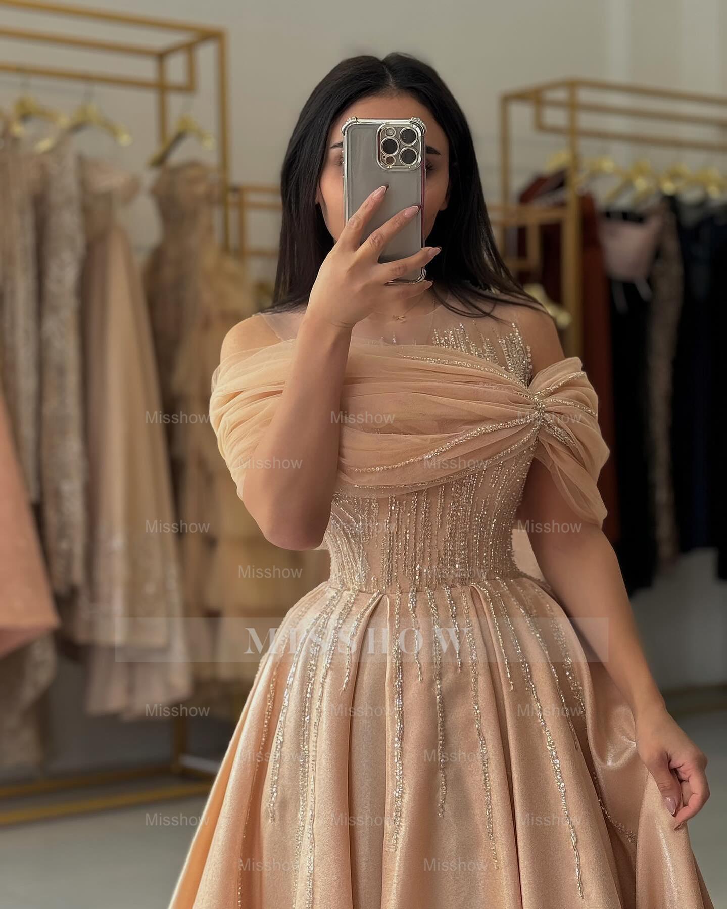 Charming Champagne Off-The-Shoulder Sleeveless A-Line Formal Dress with Beadings