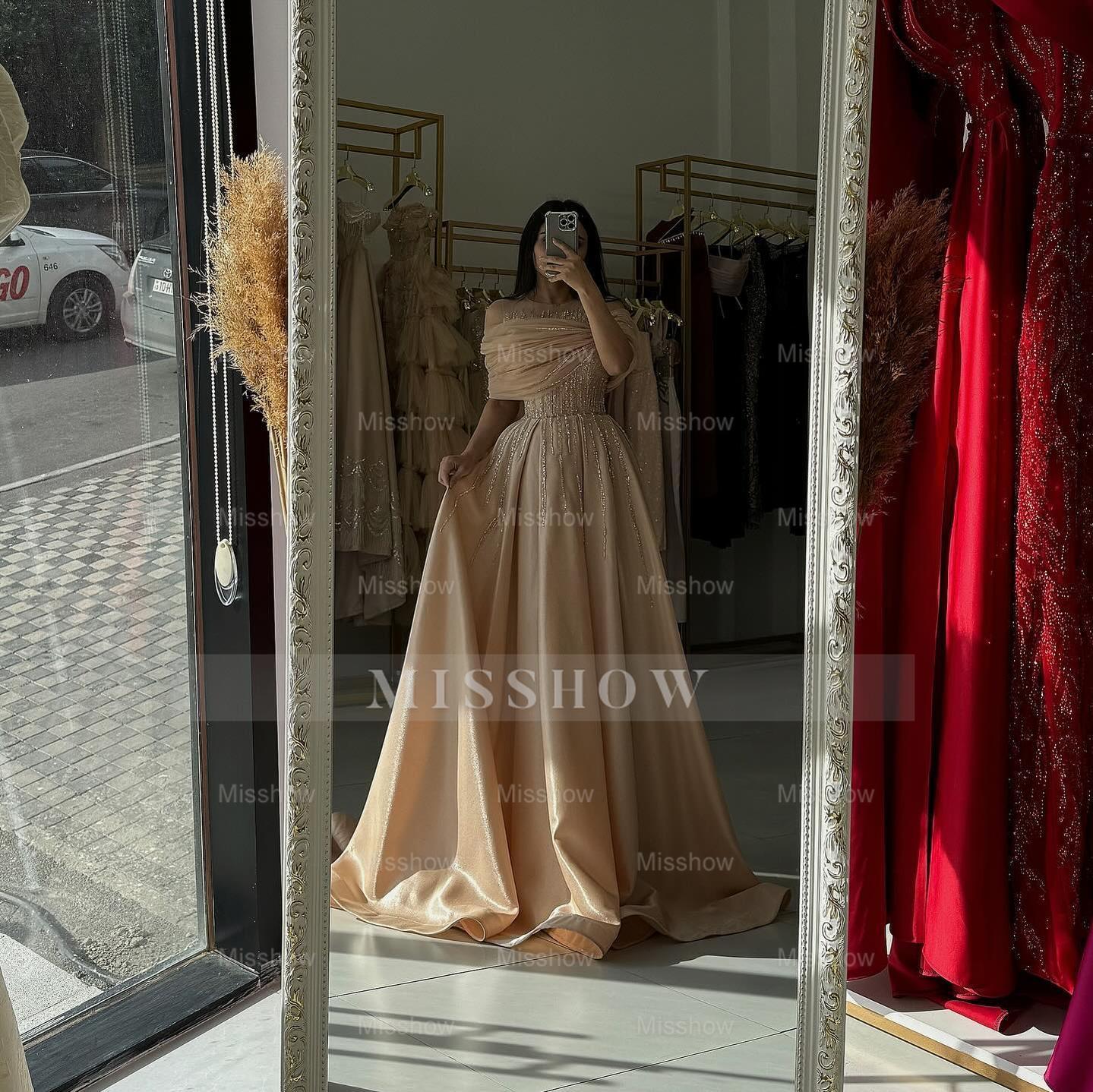 Charming Champagne Off-The-Shoulder Sleeveless A-Line Formal Dress with Beadings