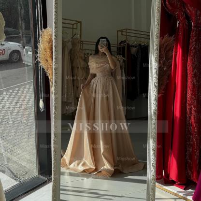 Charming Champagne Off-The-Shoulder Sleeveless A-Line Formal Dress with Beadings