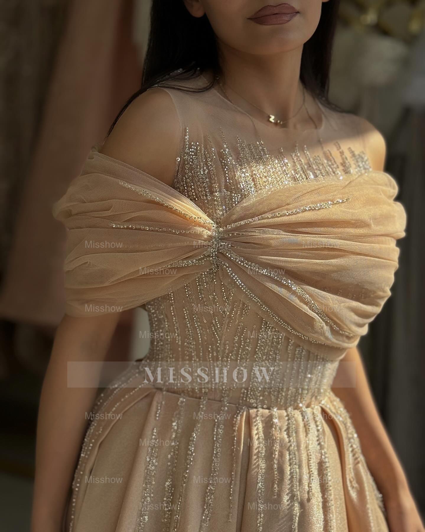 Charming Champagne Off-The-Shoulder Sleeveless A-Line Formal Dress with Beadings
