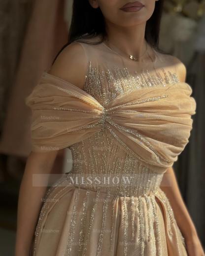 Charming Champagne Off-The-Shoulder Sleeveless A-Line Formal Dress with Beadings