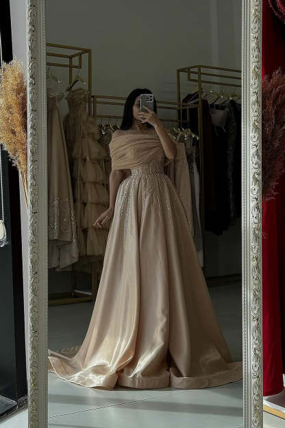 Charming Champagne Off-The-Shoulder Sleeveless A-Line Formal Dress with Beadings